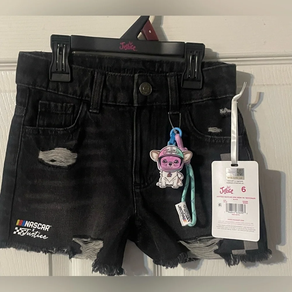 Justice‎ x NASCAR Girls Black Denim Shorts Size 6 NWT Keychain Included